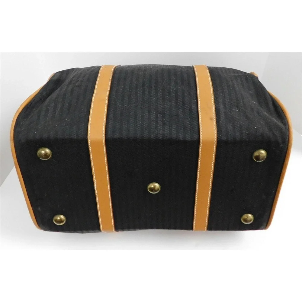 Fendi Italy Vintage Black Striped Canvas Leather Duffle Carry-on Tote Bag‎